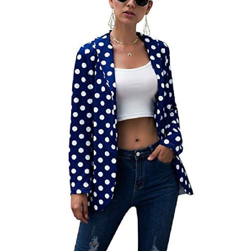 22 Womens Long Sleeve Open Front Lapel Cardigan Jacket Polka Dot Printed Outwear Dark Blue - Image 1